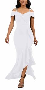 lot 12214 image: 2025 Evening Gowns for Women Formal Wedding Dresses Ruffle College Mermaid Prom Bride White Dress - Retail $42