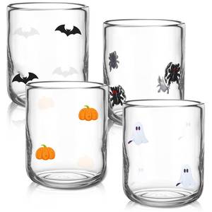 lot 15001 image: Skylety 4 Pcs Halloween Icon Glass Cups Set - 14oz Pumpkin Spider Bat Ghost Stemless Wine Glasses Double Old Fashioned Icon Hand Blown Drinking Cups for Halloween Party Supplies & Gift - Retail $56