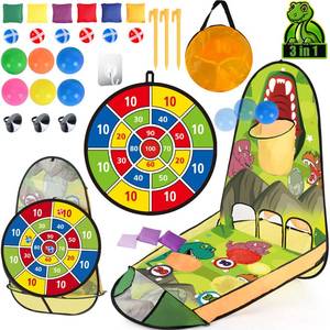 lot 15003 image: unanscre 3 in 1 Bean Bag Toss Game Toy Outdoor for Kids, Dinosaur Foldable Cornhole Board with Pop Up Basketball Game and Dartboard Set, Gift for BirthdayXmas Party, Outside Toys for Toddlers Age 3 - Retail $25