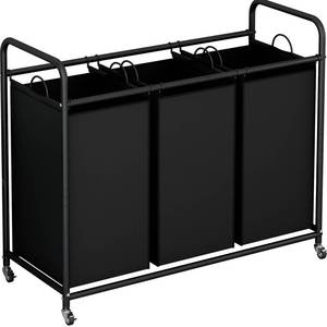 lot 15010 image: LINZINAR 3-Bag Laundry Basket Hamper Laundry Sorter Cart laundry room organization with Heavy Duty Rolling Lockable Wheels and Removable Bags (Black) - Retail $30
