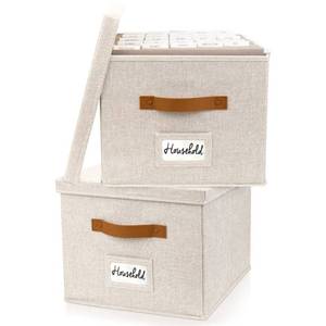 lot 15021 image: ZICOTO Decorative File Organizer Box Set of 2 - Collapsible Linen Filing Cabinets wHandles Are Perfect to Store all Your Documents & Hanging File Folders - Portable Easy Slide Crates with Lid - Retail $33