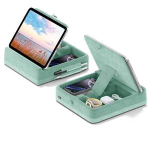 lot 15026 image: KDD Tablet Pillow Stand with Storage, Foldable iPad Holder for Bed, Lap and Desk, Angle Adjustable Soft Pad Dock with Stylus Mount Compatible with iPad Pro 12.9, 11, Air, Mini, Phones, Books (Green) - Retail $25