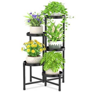 lot 15028 image: iDavosic.ly Plant Stand Indoor Outdoor, 5 Tier Corner Metal Flower Display Holder Shelf, Folding Tall Orchid Rack for Patio Balcony Porch Garden Living Room House, Black - Retail $37