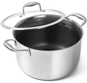 lot 15035 image: MICHELANGELO Tri-ply Stainless Steel Stock Pot, 8-Quart Stockpot with Lid, 1810 Nonstick Cooking Pot with Honeycomb Interior, Compatible with All Cooktops - Retail $63