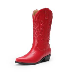 lot 15039 image: DREAM PAIRS Womens Cowboy Boots Mid Calf Cowgirl Boots Embroidery Stitched Western Boots,Size 7,Red - Retail $37