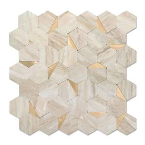 lot 15041 image: OYASIMI 20 Sheets Hexagon Peel and Stick Backsplash for Kitchen Wall, Heat Resistant Stick on Backsplash PVC Smart Tiles, 12 Beige Marble Waterproof Peel and Stick Wall Tiles for Bathroom - Retail $70