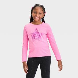 lot 16008 image: Girls Long Sleeve Rainbow Star Graphic T-Shirt - Cat &amp Jack Magenta L - Retail $8