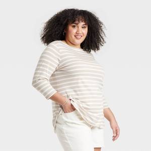 lot 16018 image: Womens Slim Fit 34 Sleeve Boat Neck T-Shirt - Ava & Viv�� Tan Striped 2X - Retail $20