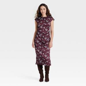 lot 16019 image: Womens Short Sleeve Ruched Midi Shift Dress - A New Day Burgundy Floral XL - Retail $30