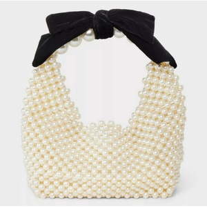 lot 16027 image: Beaded Pearl Bow Shoulder Bag - Off-White - Retail $57