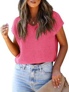 lot 16050 image: LCXWFE Womens Summer Cropped Sweater Vest Trendy Cap Sleeve Crop Tops V Neck Loose Knit Tank Top ML - Retail $30