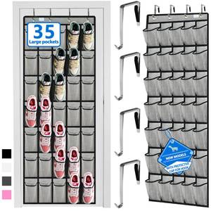 lot 16074 image: over the door shoe organizer,2025 upgraded,shoe organizer,35 Huge pockets,over door shoe organizer,Store size 13 shoes,shoe organizer,Strong material,hooks Suitable for various doors,Greyblack - Retail $15
