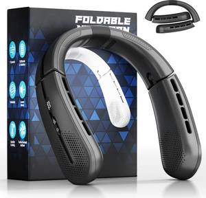 lot 16079 image: ChillGo Portable Neck Fan - 8400 RPM Enlarged Turbo Airflow - 5200mAh Personal Rechargeable Cooling Wearable Fan - Max 16H, 4 Speeds, Foldable, LED Display - Great Gifts for Men Women - 2nd Gen Black - Retail $30