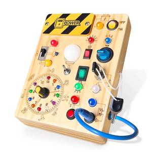 lot 16083 image: Iabedi Busy Board, Montessori Toy for 1-3 Years Old, Wooden Toddler Sensory Travel Toy, Ideal Gift for 1 Year Old Boys (Busy Board Plus V2), Medium, Yellow - Retail $23