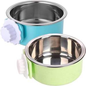 lot 17437 image: kathson Crate Dog Bowl, Removable Stainless Steel Hanging Pet Kennel Cage Bowl Food & Water Feeder Coop Cup for Puppy, Cat, Rabbit, Guinea Pigs Ferret Bird (2 PCS, Size M, Blue and Green) - Retail $9