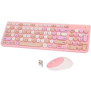 lot 17444 image: Wireless Keyboard and Mouse Combo, Retro Typewriter Keyboard with Round Keycaps, 2.4GHz USB Cute Wireless Keyboard Mouse for Computer, Desktop, Laptop and Computer (Pink-Colorful) - Retail $29