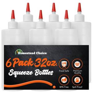 lot 17447 image: 6-pack Plastic Squeeze Bottles for Sauces - 32oz Condiment Squeeze Bottles for Liquids - BPA Free Squirt Bottle with Cap - Ketchup, Syrup, Oil, Dressings, Honey & Arts and Crafts - Retail $20