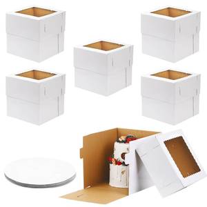 lot 17467 image: Moretoes 6 Pack 12x12x12 Inches Tall Cake Boxes with Boards for Tier Cakes, Thick Sturdy Bakery Box with Window for Valentines Day, Mothers Day, Birthday, Wedding, Party - Retail $28