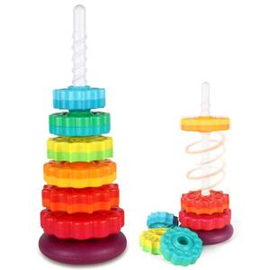 lot 17468 image: JUXUE Spinning Toy, Rainbow Stacking Toys for Toddlers 1-3, Ring Stacker Baby Toys 6 to 12 Months, 1 One Year Old Girl Boy Christmas Birthday Gifts, Montessori Autism Sensory Toy - Retail $21
