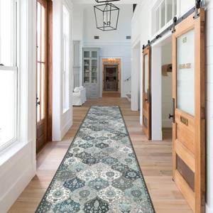 lot 17469 image: Lahome Moroccan Hallway Runner Rug Non Slip, 2x10 Washable Runner Rugs for Hallway 2x10 Vintage Ultra-Thin Throw Long Carpet for Kitchen Entryway Bedroom Laundry Room, Blue - Retail $53
