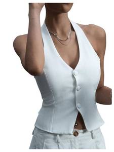 lot 18190 image: SOLY HUX Womens Button Down Suit Vest Halter V Neck Backless Waistcoat Sleeveless Tank Tops Pure White Medium - Retail $22