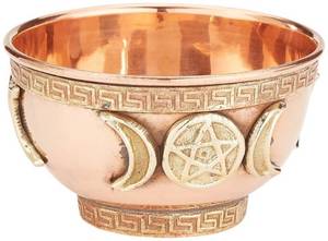 lot 18191 image: New Age Imports, Inc. bo, Triple Moon Pentacle Copper 3, for Altar, Ritual use, Incense Burner, smudging, Decoration, offering Bowl, 3 Diameter 2 Height - Retail $8