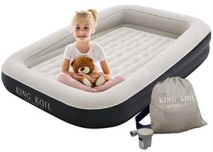 lot 1628 image: King Koil Luxury Inflatable Toddler Travel Bed with Built-in Safety Bumper, Portable Air Mattress Airbed for Kids Travel, Includes High-Speed Pump - Black - Retail $90