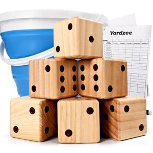 lot 1633 image: ropoda 3.5 Giant Wooden Yard Dice Set for Outdoor Fun, Barbeque, Party Events, Backyard Games, Lawn Games Includes 6 Dice, Collapsible Bucket, Score Cards & Dry Erase Marker - Retail $40
