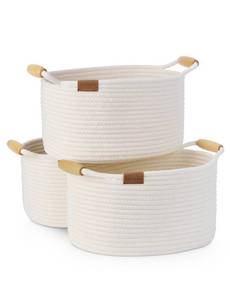lot 1634 image: StorageWorks 13 Inch Rope Basket for Organizing, Cute Small Woven Storage Baskets with Wooden Handles, Decorative Woven Basket for Nursery, Living Room, Bedroom, White, 3-Pack - Retail $30