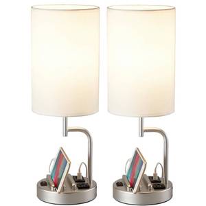 lot 1639 image: Dreamholder Table Lamp with 3 USB Charging Ports, Modern Desk Lamp with AC Outlet and Phone Stands, Perfect Bedside Lamp for Bedroom, Living Room, Office (Pack of 2), Silver - Retail $36