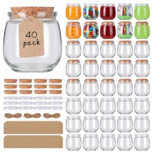 lot 1657 image: Mcupper 40 Pack 7 oz Glass Yogurt Jars with Cork Lids and PE Lids, Small Glass Pudding Jars, Glass Jars for Wedding Favors, Milk, Jams and DIY Gift, Label, Tags and Twine included - Retail $31