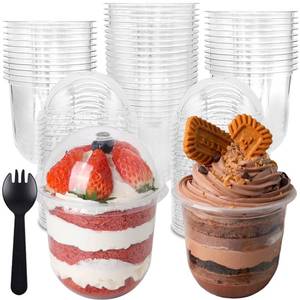 lot 1661 image: 50 Pack 12OZ Clear Plastic Cups with Dome Lids and Sporks No Hole Disposable Fruit Cups for Dessert,Cupcake,Parfait,Pudding,Iced Cold Drinks,Snacks,Fruits,Bakeries,Ice Cream - Retail $13