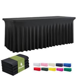 lot 1662 image: leegleri 4 Pack Black Spandex Tablecloths for 8 Foot Rectangle Tables, Wrinkle Free Fitted Table Cloths 8ft Stretchy Table Cloth Cover with Skirt for Parties Weddings Birthday Banquet Baby Shower - Retail $94