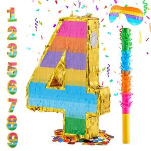 lot 1667 image: MUWOOB Rainbow Number 4 Pinata for 4th Birthday Party Decorations, Birthday Pinata with Stick Blindfold and Confetti, Kids Anniversary Celebration, Fiesta (Small, 16.5 x 11.5 x 3 In) - Retail $27