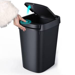 lot 1673 image: CEROELDA Slim Bathroom Trash Can, 10L2.6 Gal Plastic Wastebasket with Press Top Lid, Pop-up Lid for Toilet, Office, Bedroom (Black, 1 Pack) - Retail $16