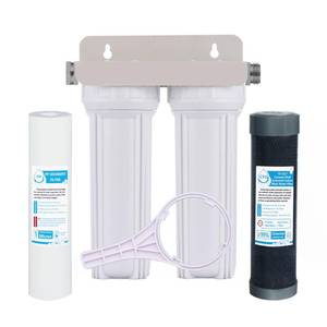 lot 1674 image: Nasibey External RV Dual Water Filter System for Reducing Sediment, Dirt, Sand, Rust, Scale Particles & Chlorine Taste  34 GHT 304 Adapter,Mounting Bracket and Two Filters Included - Retail $54