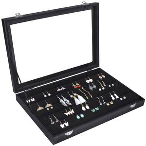 lot 1675 image: Siveit Earring Organizer Tray Velvet Earring Display Organizer Storage Box Premium 110 Slot 55 Pair Earring Display Organizer with Transparent Glass Cover Suitable for Women and Girls (Black) - Retail $16