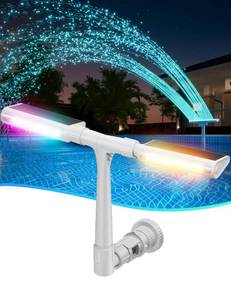 lot 1678 image: Original Solar Pool Fountain with 10-Color Lights �� Auto Light Sensing, Remote-Controlled, Dual-Head Adjustable Sprinkler, Compatible with AboveInground Pools - Retail $45