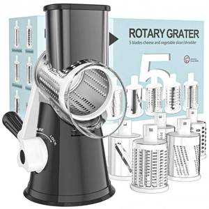 lot 1694 image: Cambom 5 in 1 Rotary Cheese Grater Hand Crank Cheese Shredder for Fresh Cheese, Vegetable, Nuts,Non-slip Suction Base, Black - Retail $36