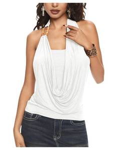 lot 2174 image: Floerns Womens Going Out Tops for Women Draped Front Halter Tops Beaded Backless Sleeveless Y2k Tank Tops White Large - Retail $25