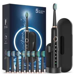 lot 2175 image: Rtauys M5 Sonic Electric Toothbrush for Adults and Kids - Rechargeable Electric Toothbrush Kids Ages 12 and Adults with 8 Brush Heads & Travel Case, 120 Days Battery Life - Black - Retail $20
