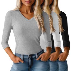 lot 2177 image: Huukeay 3 Pack Womens 34 Sleeve T-Shirts, Summer Cotton V Neck Slim Fit Tops Casual Tight Going Out Blouse Basic Layer Tees(Black, White, Light Gray,Small) - Retail $37