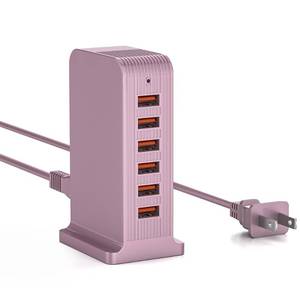 lot 2186 image: VPSUN USB C Charging Station - USB Charging Hub,6 Port USB Charger Tower for iPhone 15141312, iPad, Samsung Galaxy, Google Pixel,HTC, and Multiple Devices (pink-50W) - Retail $30