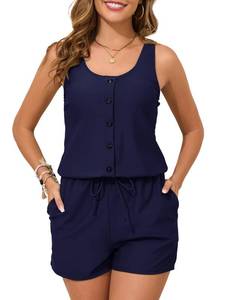 lot 2189 image: Summer Mae Swim Romper with Pockets One Piece Swimsuit Women with Short Boyleg Bathing Suit Swimwear Navy Blue Size 12 - Retail $35