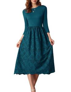 lot 2194 image: GRACE KARIN Women Casual Dresses 34 Sleeve Dress with Pockets Summer Midi Dress A Line Empire Waist Dress Eyelet Peacock Blue L - Retail $46
