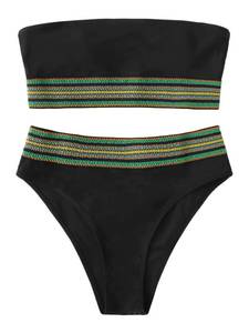lot 2196 image: SweatyRocks Womens Bathing Suits Striped Bandeau Bikini high Waisted Swimsuits Swimwear Set Black Small. - Retail $28