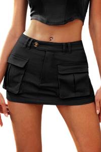 lot 2204 image: ELLEVEN Cargo Mini Skirt for Women Low Waist Y2K Bodycon Low Rise Denim Womens Skirts High Stretchy Button Cute Skort Mini Jean Skorts with Pockets Black X-Large - Retail $24