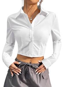lot 2211 image: SOLY HUX Womens Button Down Crop Top Long Sleeve Collared Casual Cropped Shirt Blouse Pure White Small - Retail $30