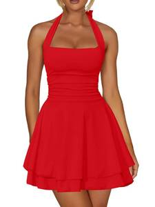 lot 2212 image: Kaximil Womens Sexy Halter Ruffle Hem Mini Dress Ruched Waist Corset Short Party Dresses, Large, Red - Retail $32