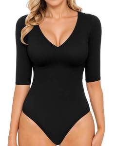 lot 2220 image: MANGOPOP Womens V Neck Half Sleeve Bodysuit 34 Sleeve Slim Fitted Body Suit Sexy Going Out Shirts Tops small - Retail $20